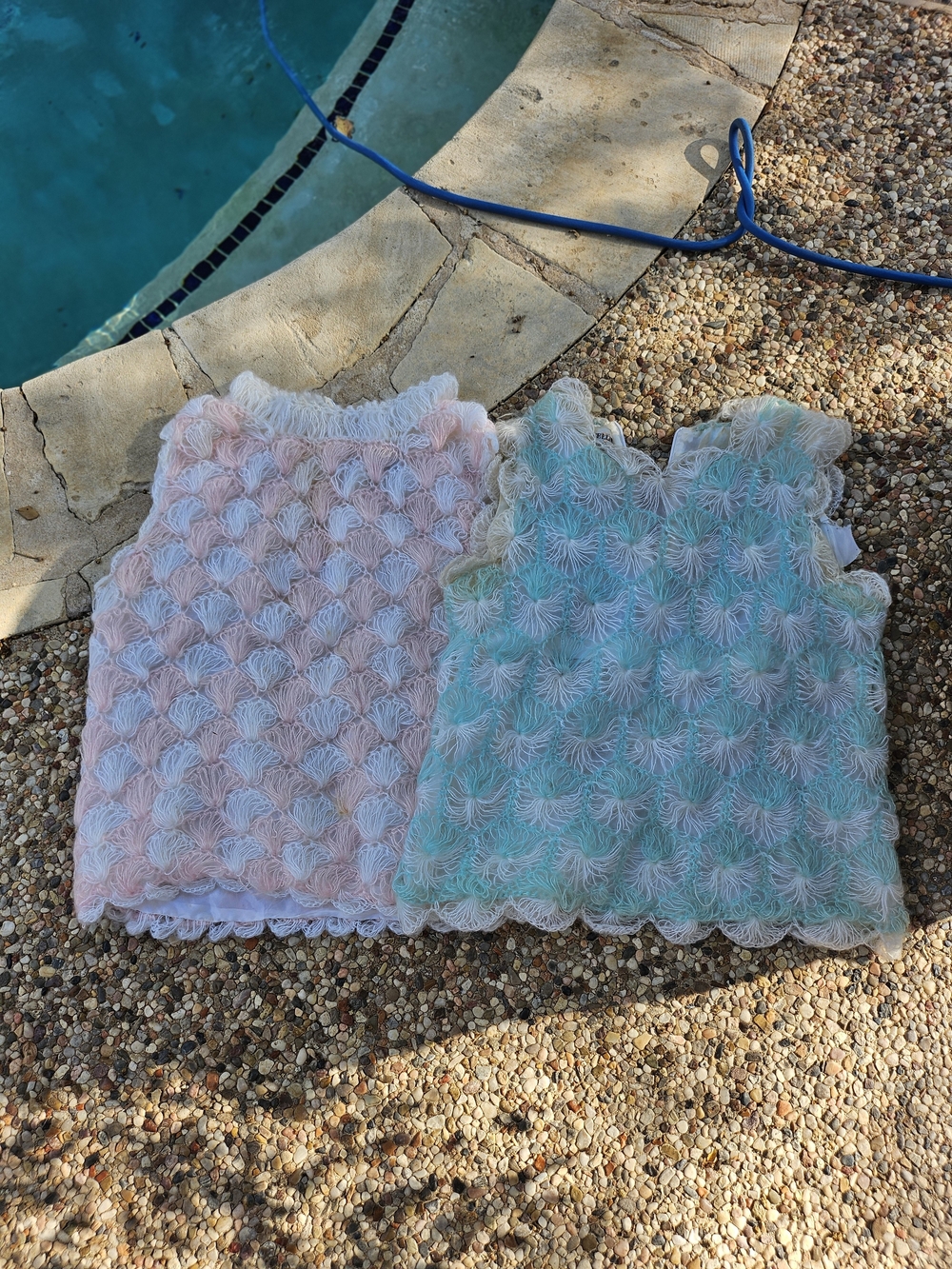 2 Vintage 60's Cellini Hand Crochet Japan Pastel Blue/Pink White Knit Tank Tops